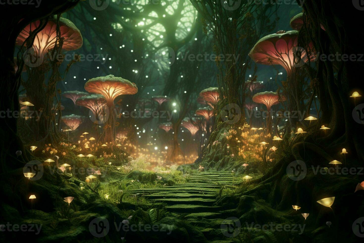 ai gerado uma surreal fantasia floresta com caprichoso brilhando foto