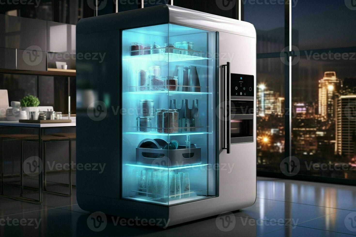 ai gerado uma inteligente geladeira com uma toque tela exibição foto