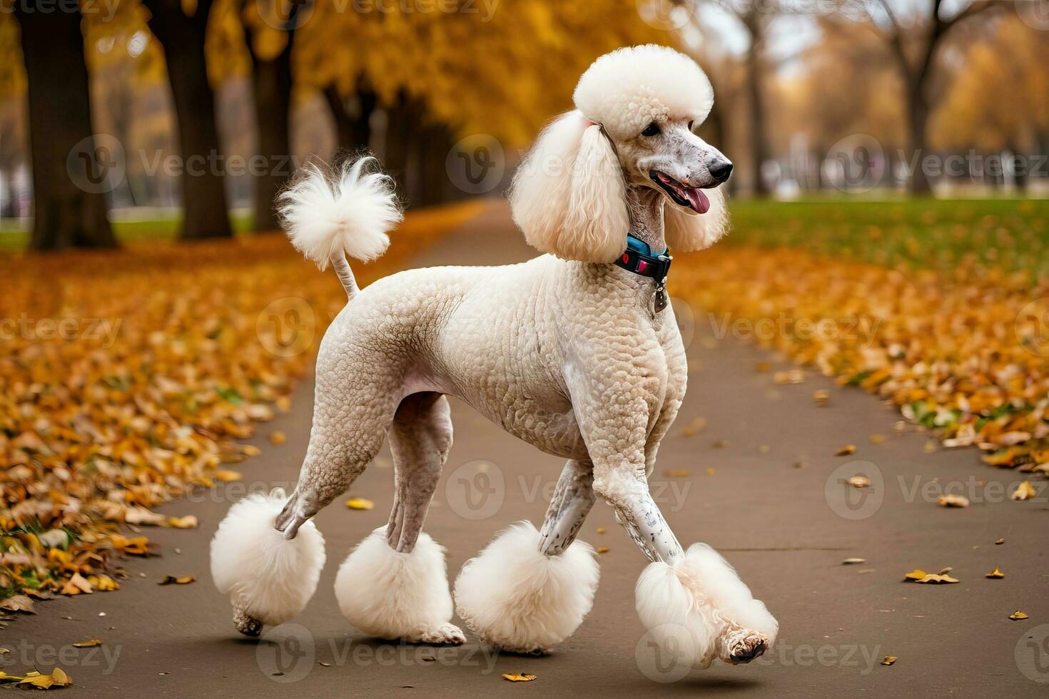 ai gerado uma padrão poodle dentro a parque com Está rabo acima foto