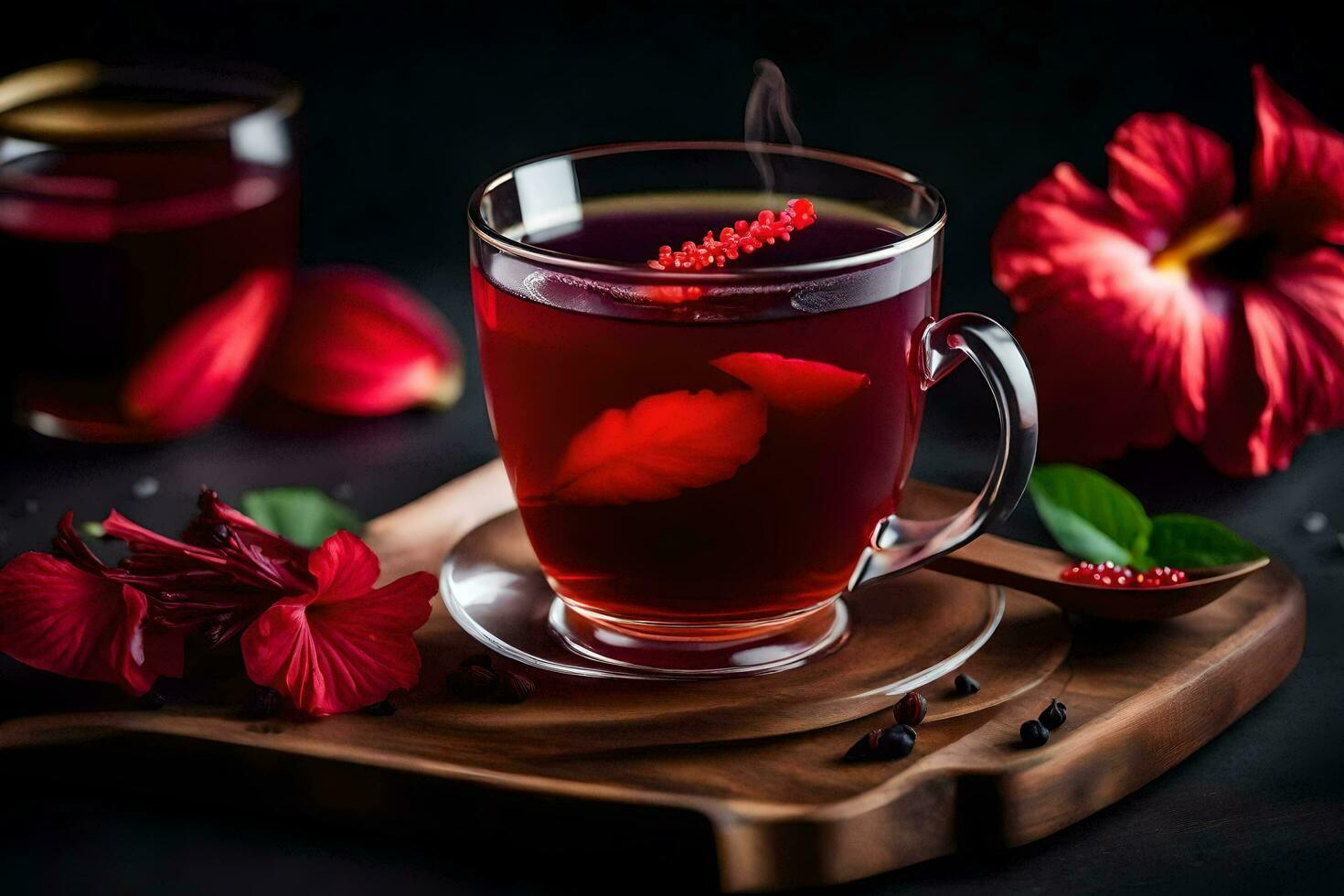 ai gerado vermelho chá com hibisco flores e folhas em uma de madeira borda foto