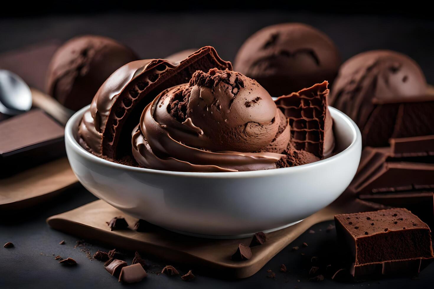 ai gerado chocolate gelo creme dentro uma tigela com chocolate peças foto