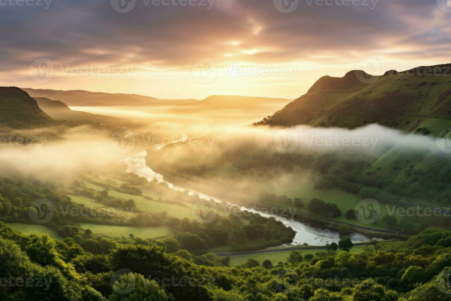 ai gerado nascer do sol dentro a enevoado manhã hd fundo papel de parede foto