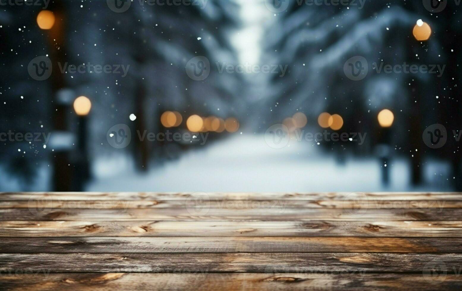 ai gerado esvaziar inverno madeira prancha borda mesa com queda de neve ai gerado foto