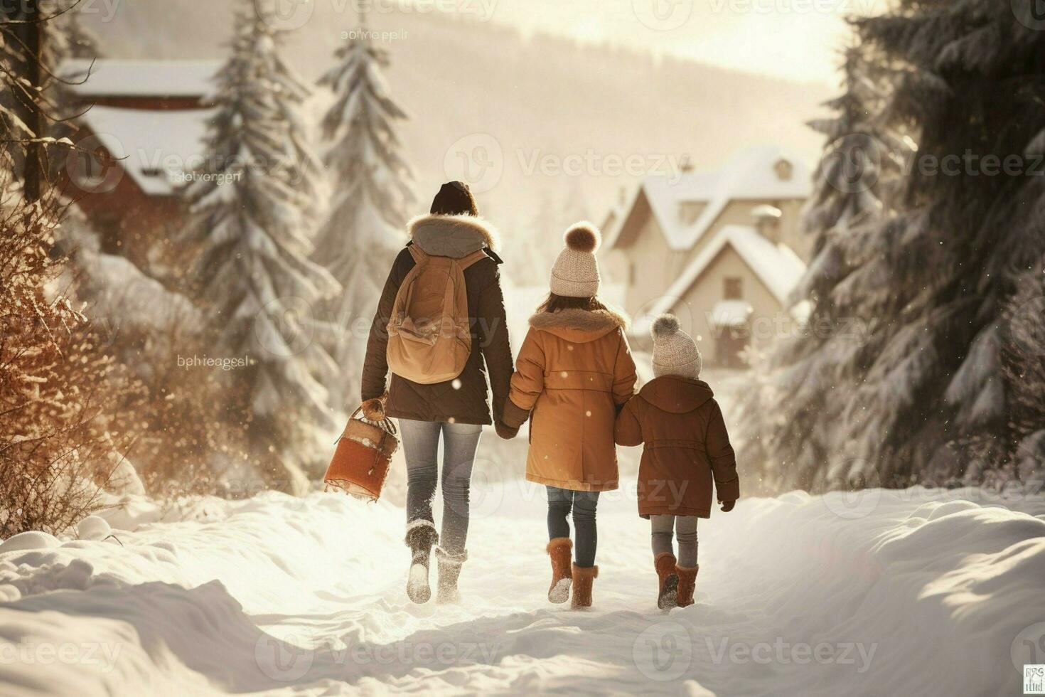 ai gerado traseiro Visão do família dentro inverno período de férias Nevado ai gerado foto