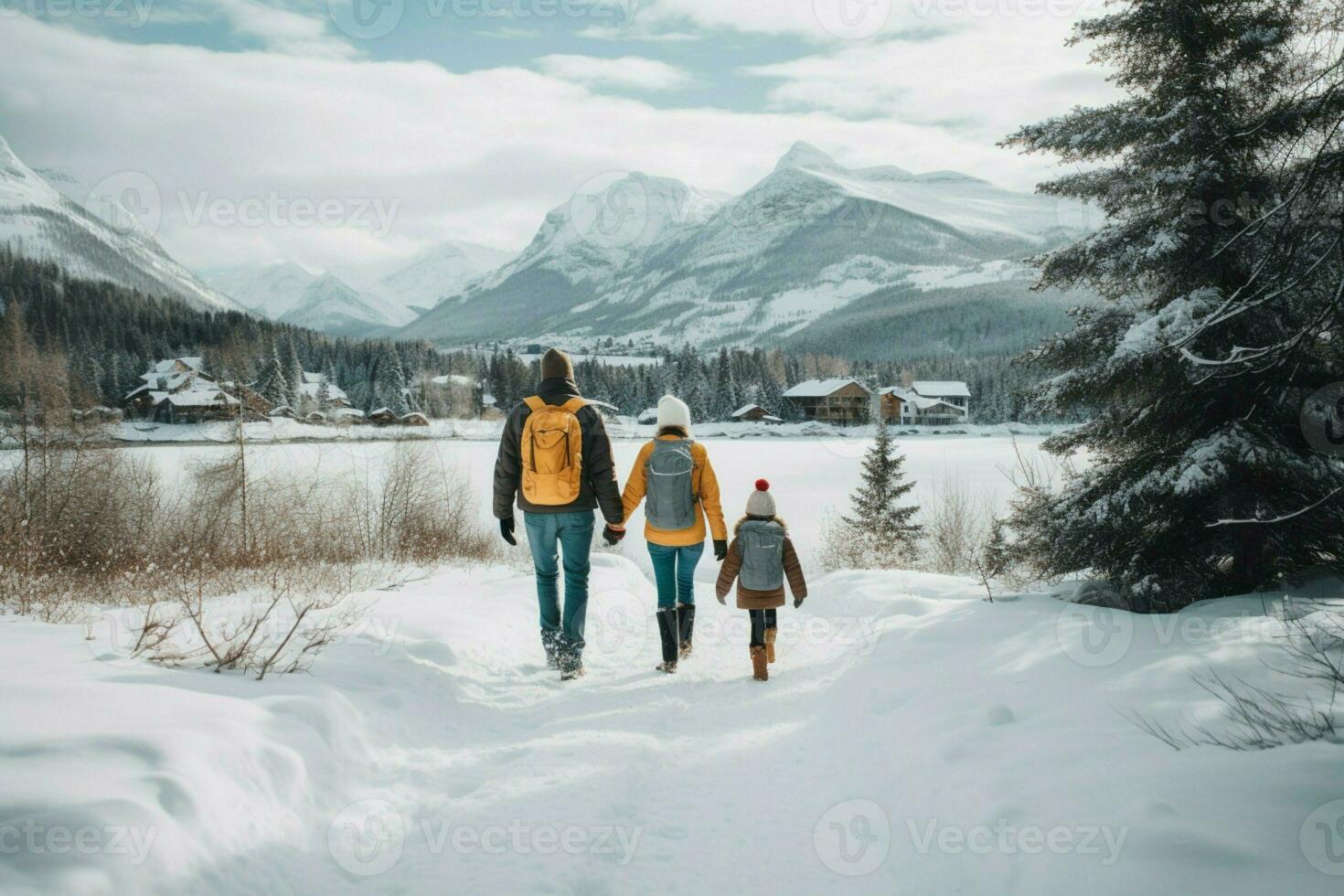 ai gerado traseiro Visão do família dentro inverno período de férias Nevado ai gerado foto