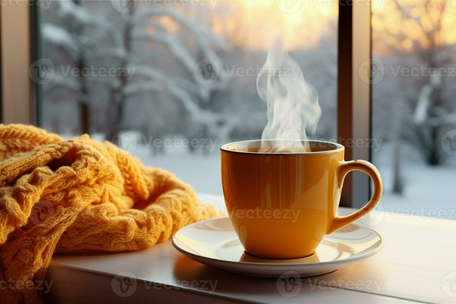 ai gerado copo do chá ou café caneca em mesa perto janela inverno feriados ai gerado foto