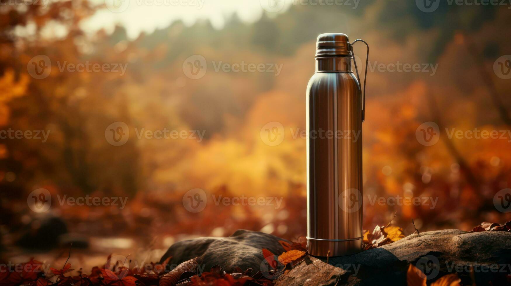 ai gerado metal garrafa térmica dentro a outono floresta. generativo ai foto