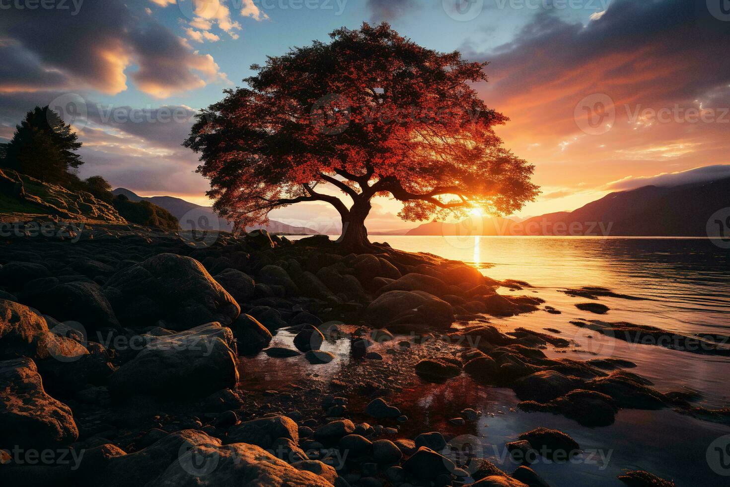 ai gerado uma árvore em a costa do uma lago às pôr do sol. a árvore é uma vibrante vermelho e a céu é uma profundo laranja. a água é calma e a pedras em a costa estão Sombrio e molhado foto