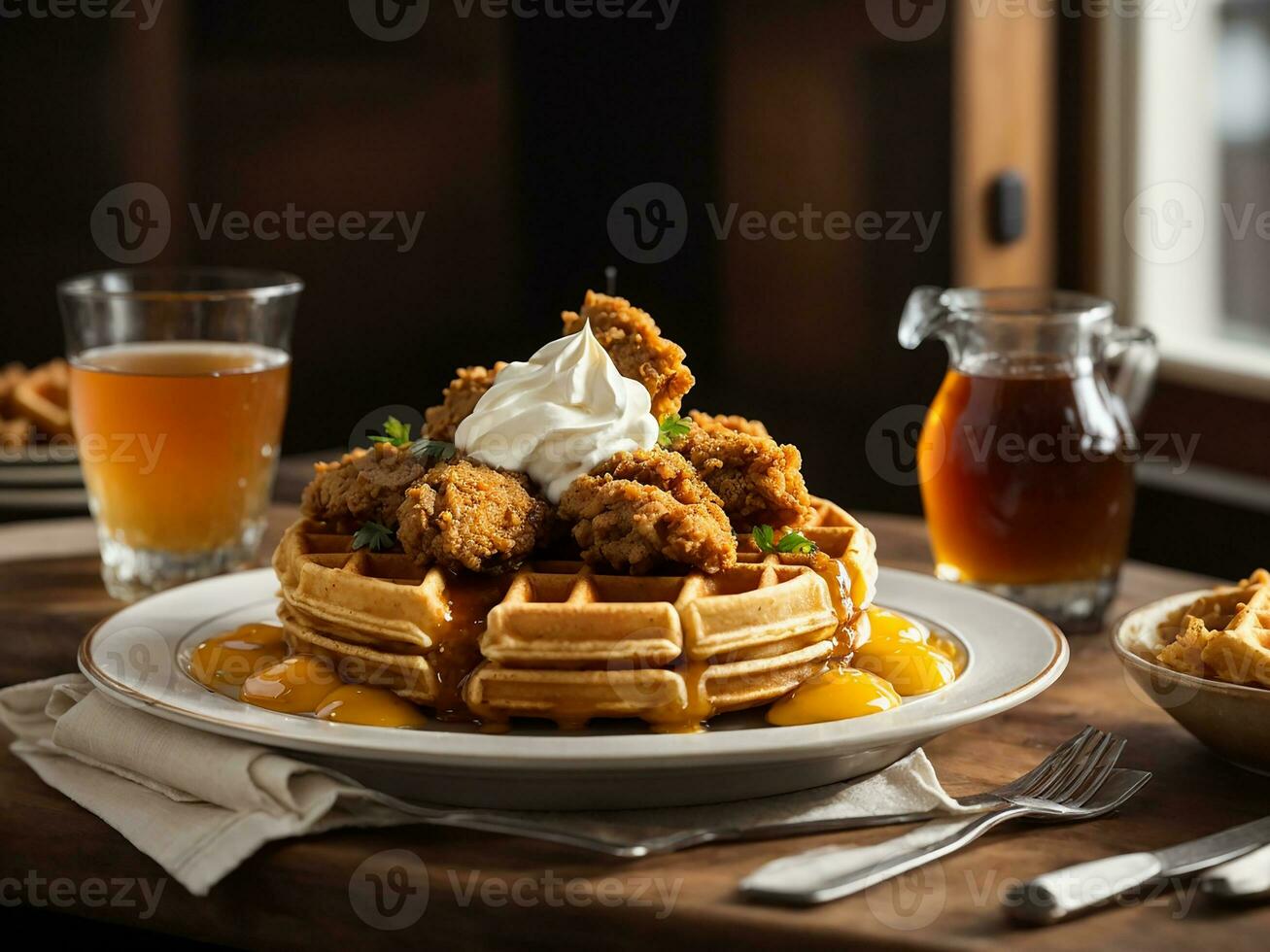 ai gerado pilha do frango e waffles em uma rústico de madeira contador foto