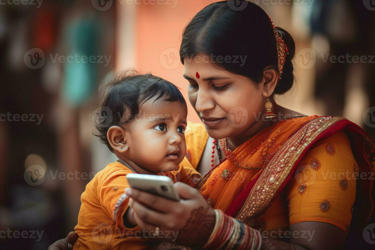 ai gerado indiano mãe criança telefone estilo de vida. gerar ai foto