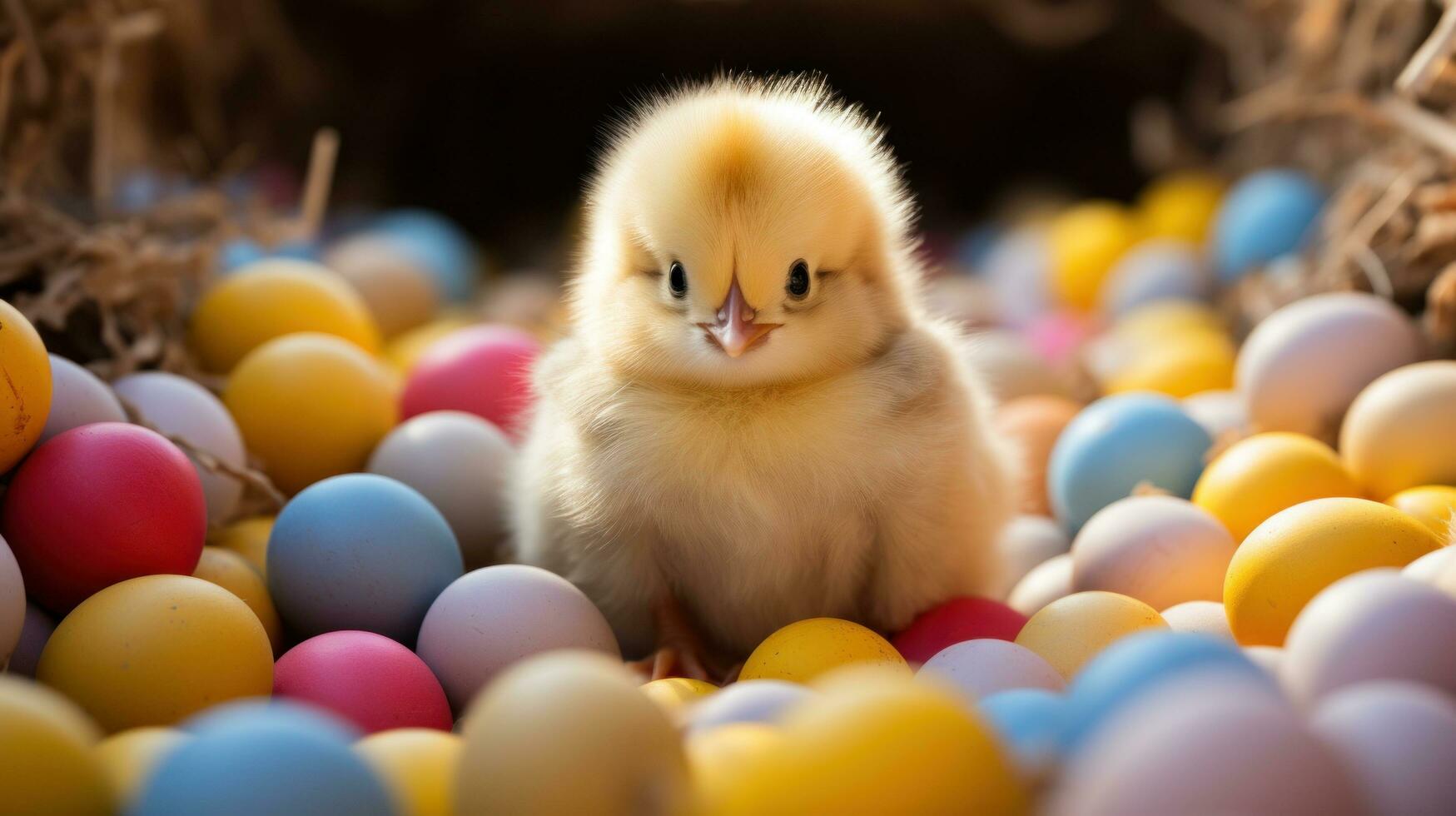 ai gerado uma fofo amarelo pintinho sentado entre colorida ovos dentro uma cama do canudo. foto