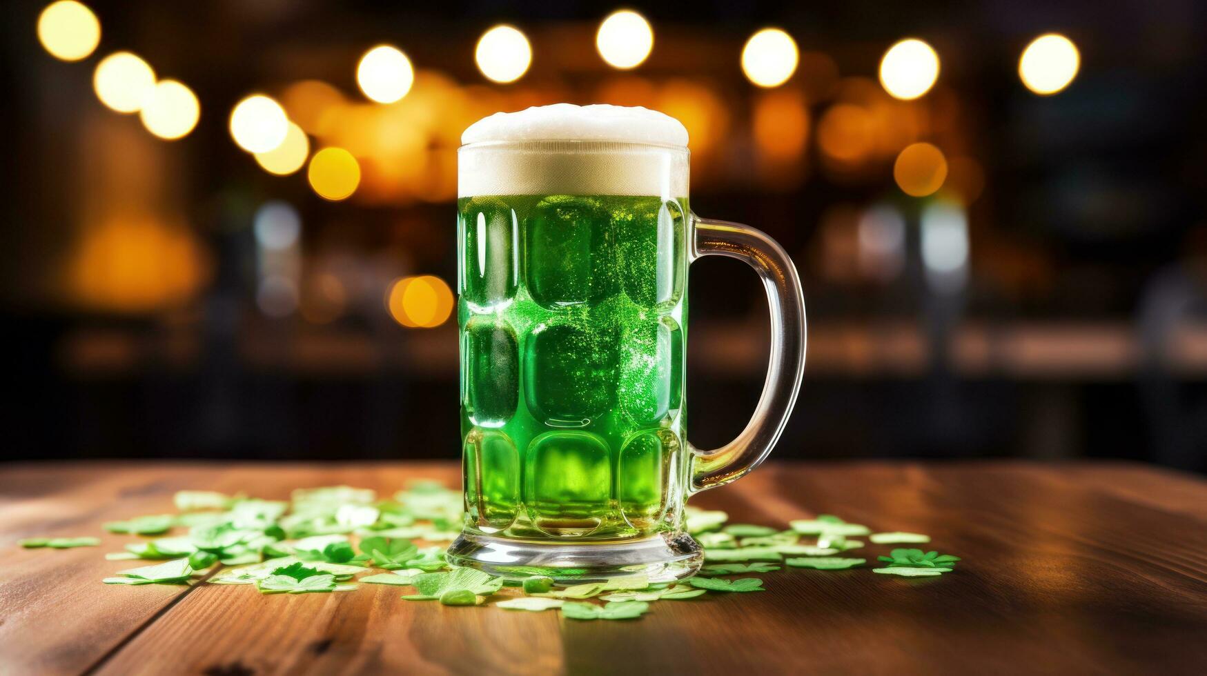ai gerado uma festivo st. patrick's dia imagem com uma verde Cerveja caneca e uma trevo em uma de madeira mesa foto