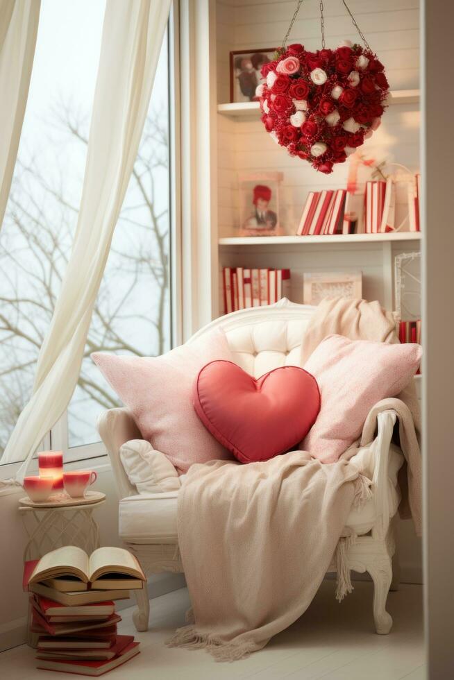 ai gerado uma acolhedor vivo quarto com uma lareira, decorado com em forma de coração guirlandas e velas, foto