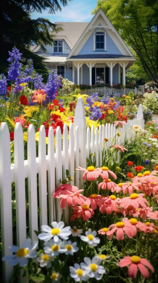 ai gerado uma encantador Primavera jardim com uma branco piquete cerca e uma misturar do colorida flores, foto