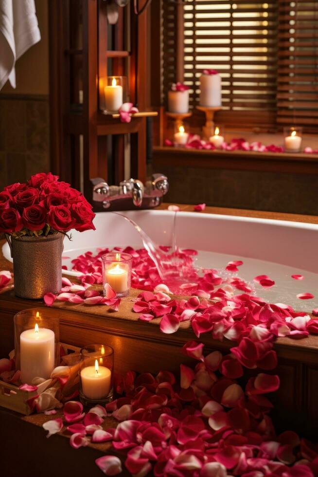 ai gerado uma banheiro decorado com em forma de coração sabonetes, toalhas, e uma rosa cheio de pétalas foto