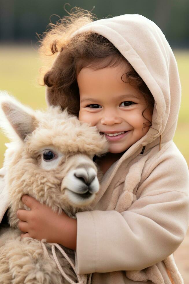 ai gerado uma radiante criança pequena berços uma fofo e contente bebê alpaca, foto