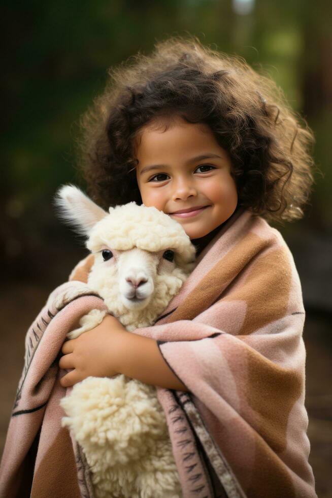 ai gerado uma radiante criança pequena berços uma fofo e contente bebê alpaca, foto