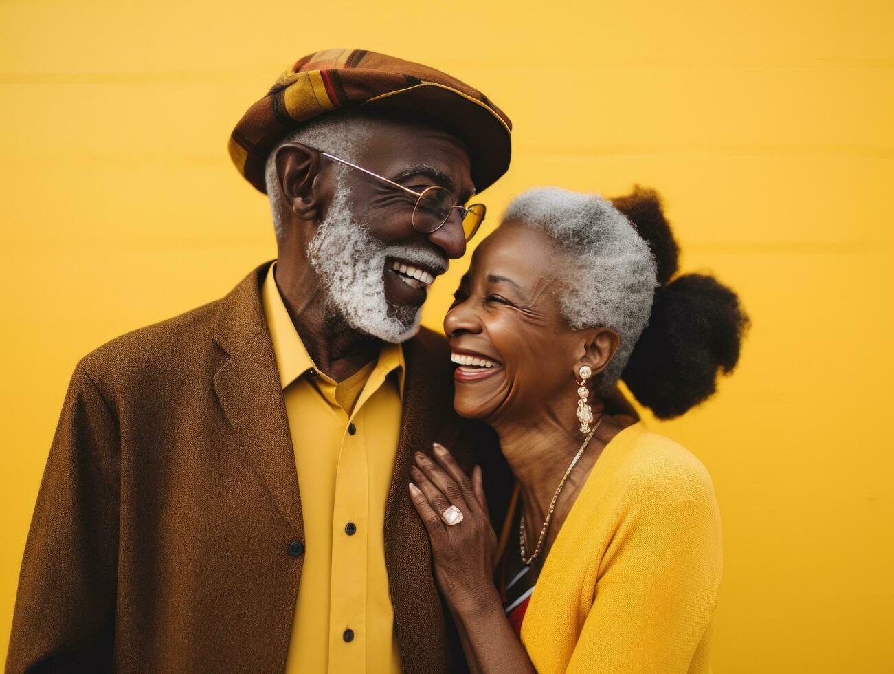 ai gerado dois Preto idosos abraçando dentro frente do uma amarelo fundo, foto