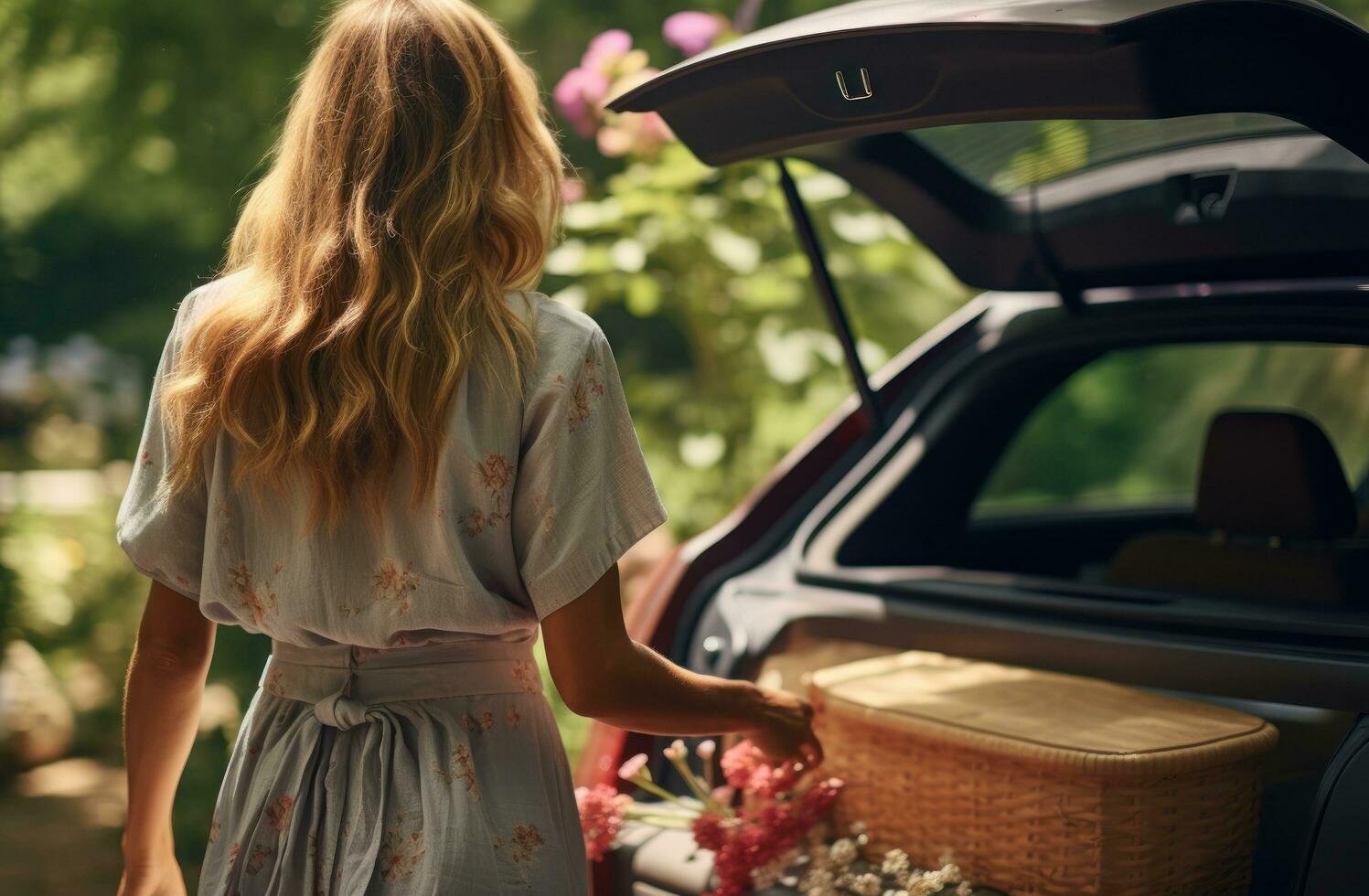 ai gerado mulher abre tronco do carro dentro verão, foto