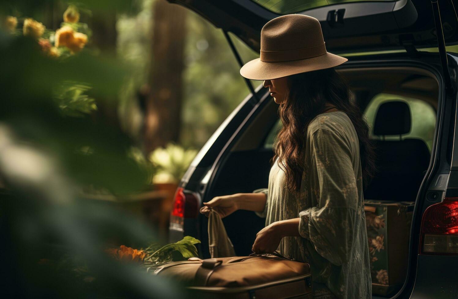 ai gerado mulher abre tronco do carro dentro verão, foto