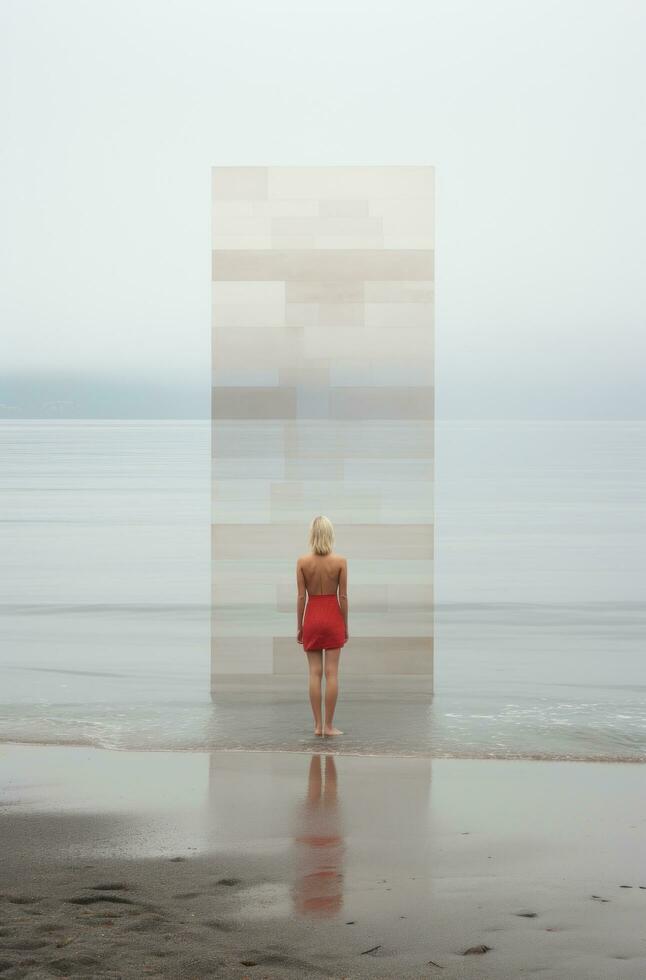 ai gerado solitário Loiras jovem mulher em arenoso de praia arenoso praia, foto