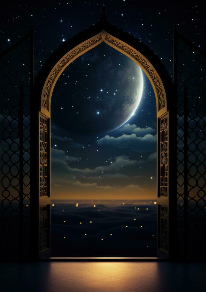 ai gerado islâmico lua cena com lua através a arco, foto