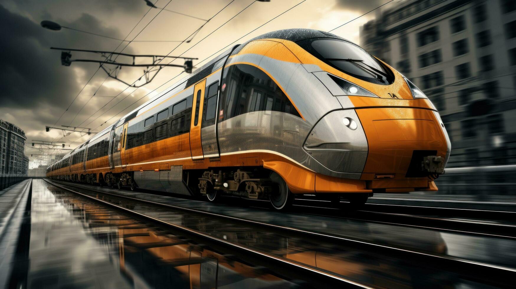 ai gerado a laranja e prata trem excesso de velocidade baixa a trem faixas, foto