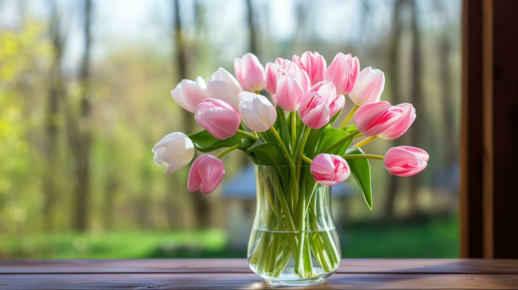 ai gerado a arranjo do Rosa e branco tulipas dentro uma vidro vaso em uma de madeira mesa foto