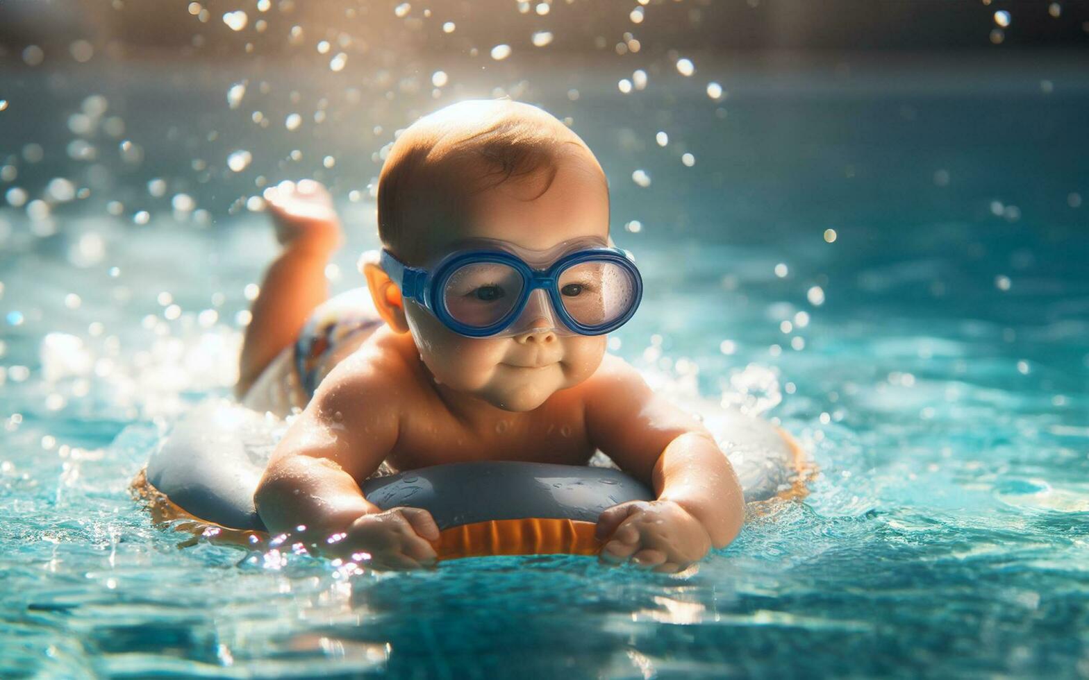 ai gerado jovem criança jogando dentro a piscina a conceito do dando nascimento dentro água foto