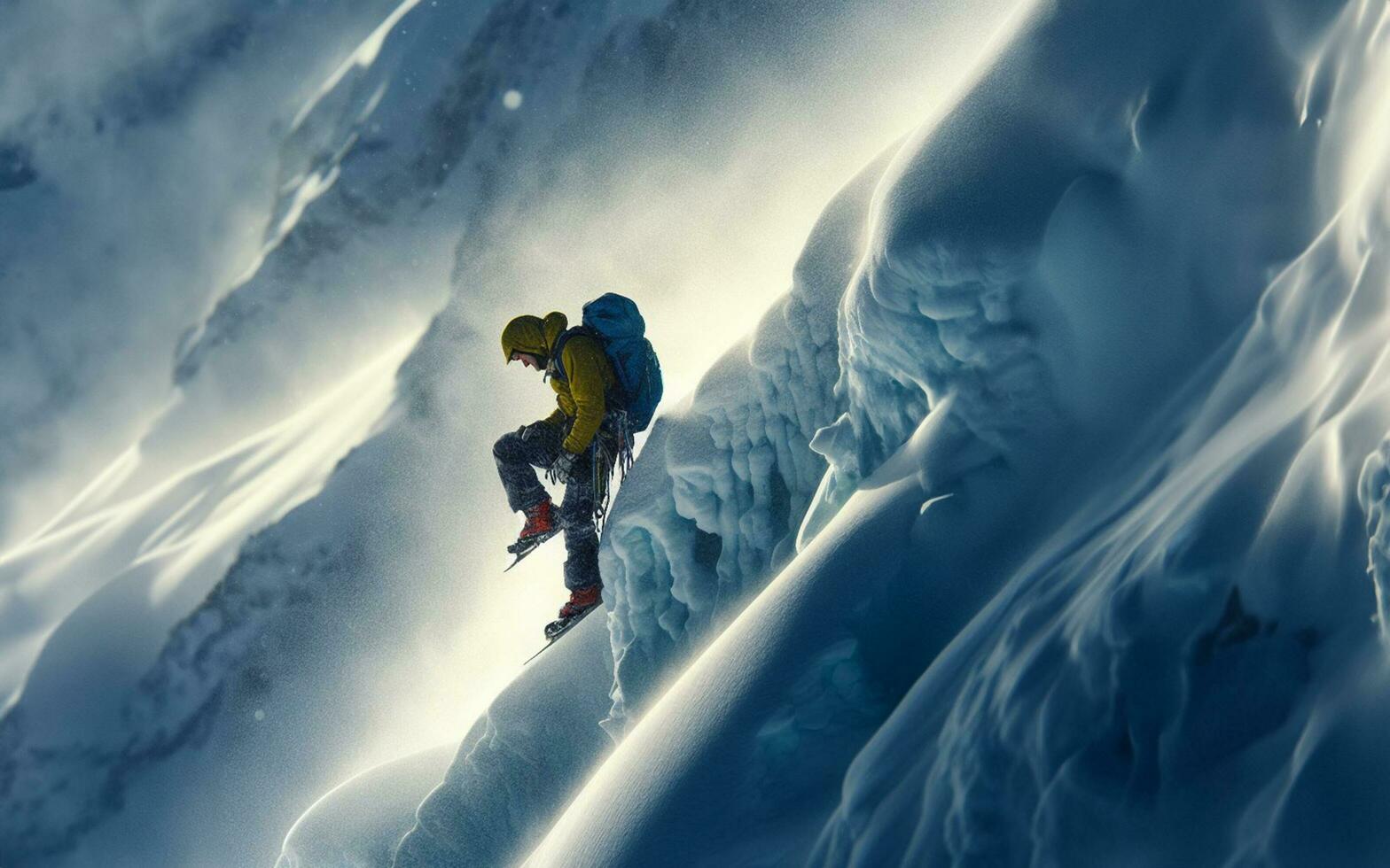 ai gerado neve alpinista esporte escalada Alto montanha e nevasca gelo montanha pico foto