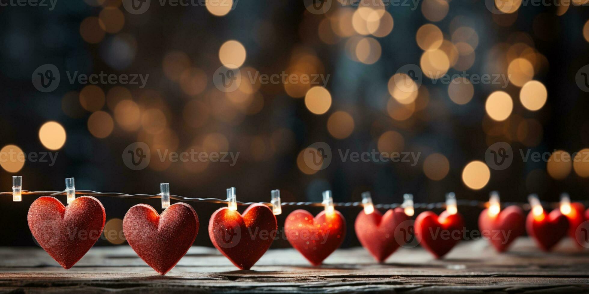 ai gerado feliz dia dos namorados dia Casamento aniversário fundo bandeira panorâmico cumprimento vermelho corações suspensão em de madeira prendedores de roupa corda com bokeh luzes em fundo foto