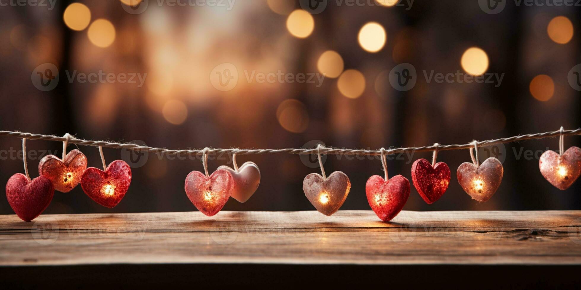 ai gerado feliz dia dos namorados dia Casamento aniversário fundo bandeira panorâmico cumprimento vermelho corações suspensão em de madeira prendedores de roupa corda com bokeh luzes em fundo foto