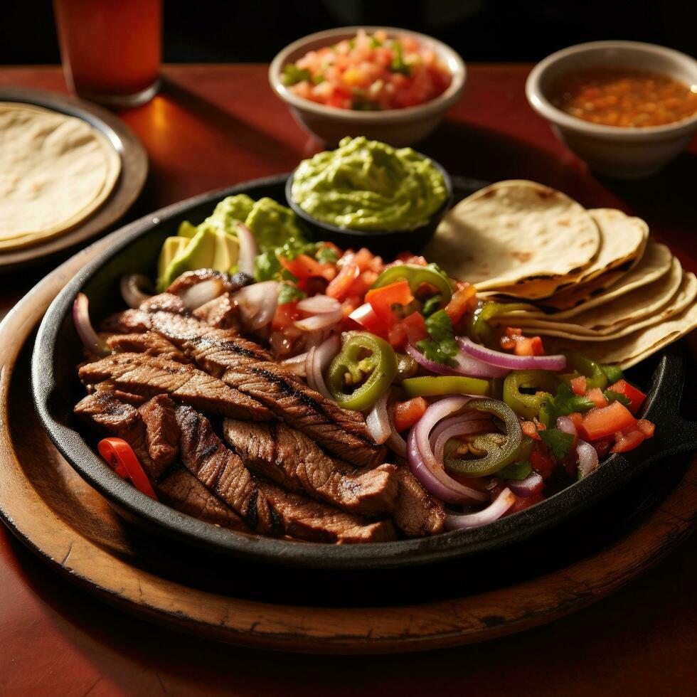 ai gerado a apetitoso foto do uma chiando prato do fajitas, servido com caloroso Tortas, fresco pico de Gallo