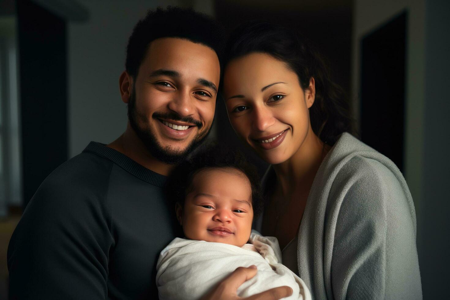 ai gerado uma feliz casal segurando seus recém-nascido bebê, simbolizando a alegria do acolhedor uma Novo criança foto