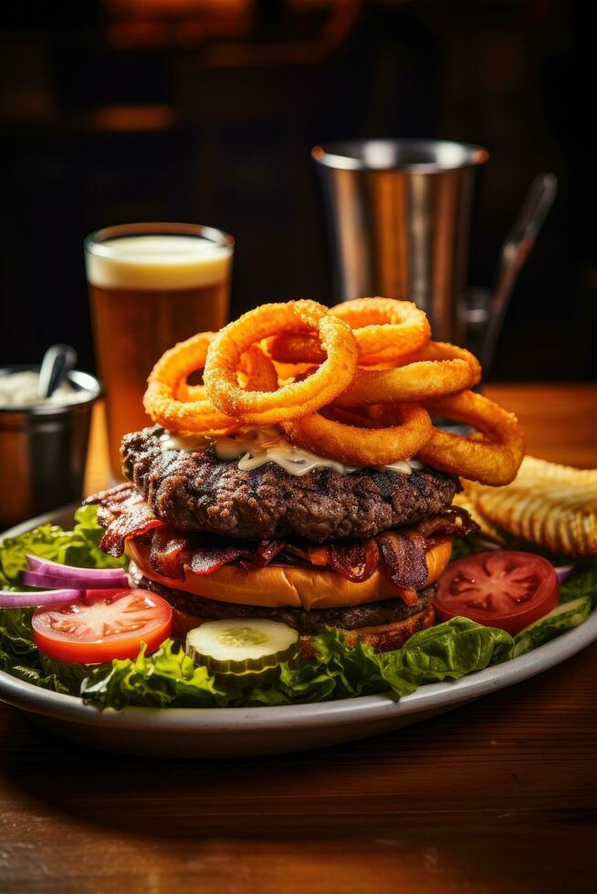 ai gerado uma de dar água na boca imagem do uma suculento Hamburger empilhado Alto com alface, tomate, e queijo foto