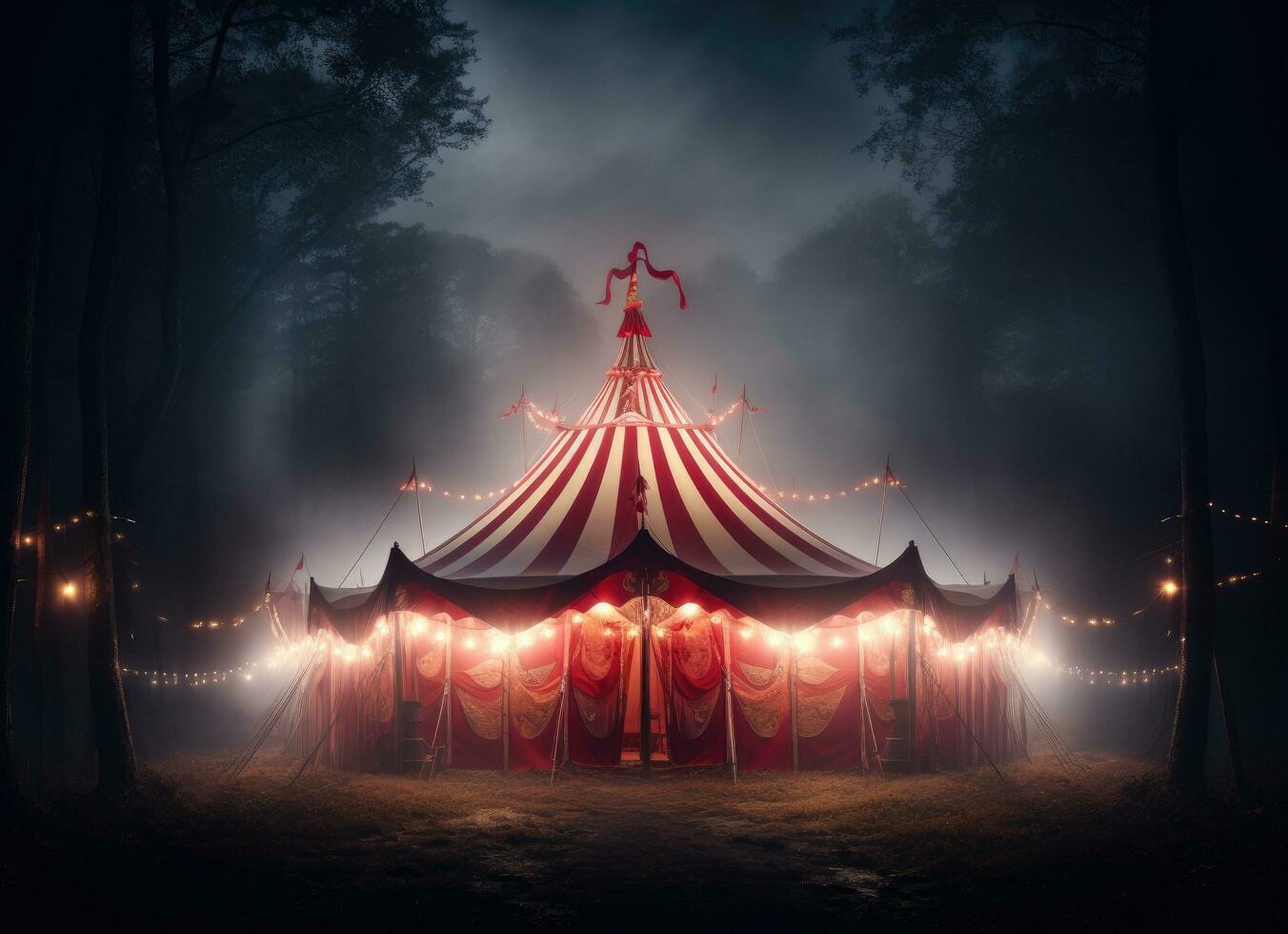 ai gerado uma circo barraca às noite com uma vermelho barraca contra branco fundo foto