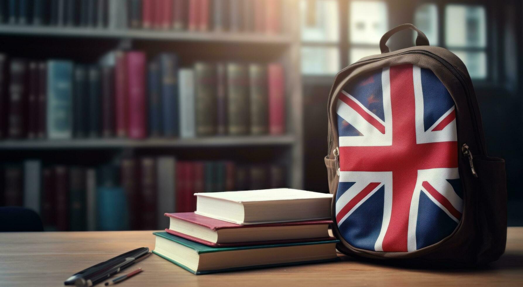 ai gerado britânico bandeira mochila e livros em escrivaninha foto