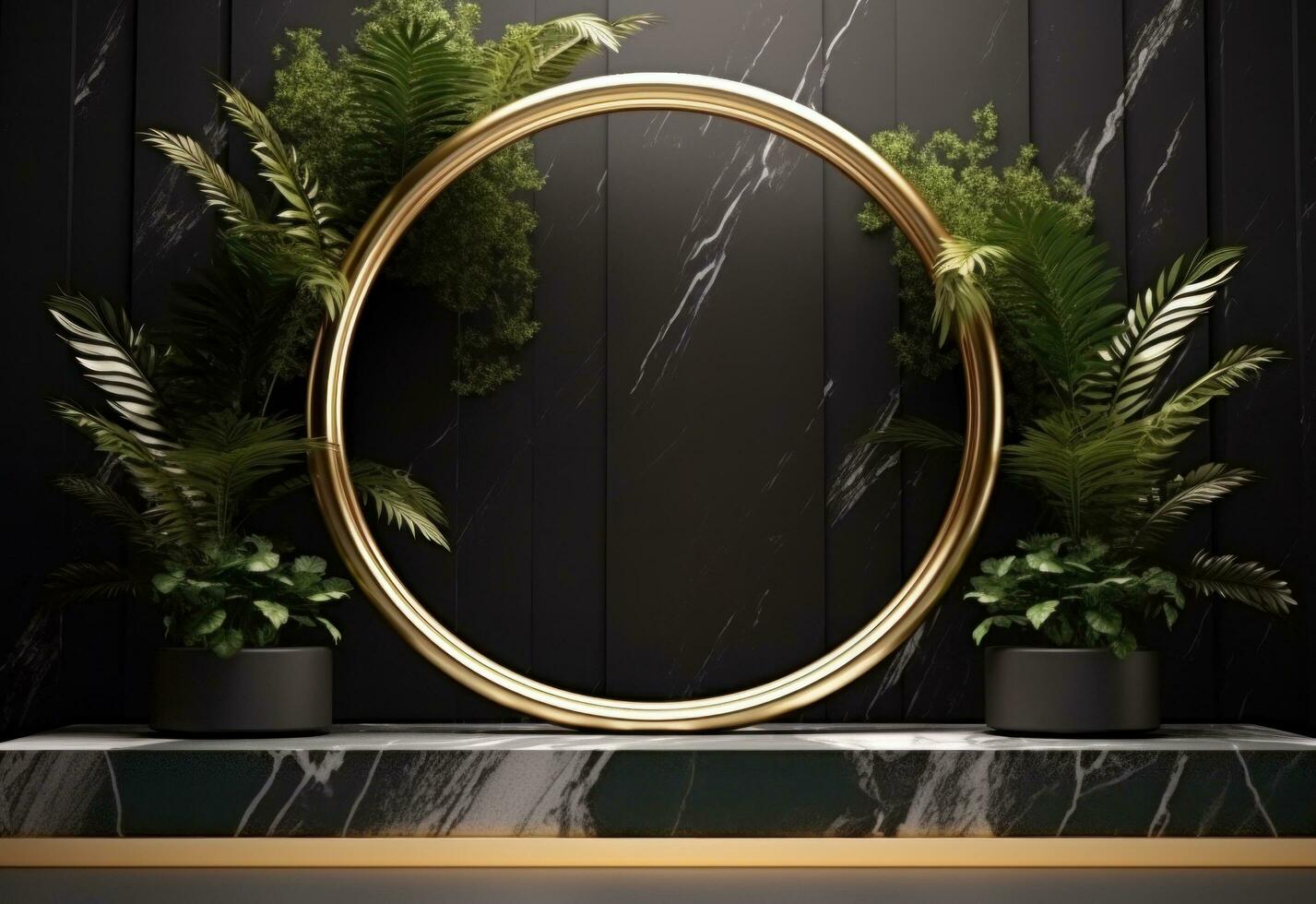 ai gerado Preto mármore dourado circular quadro, Armação com plantas foto