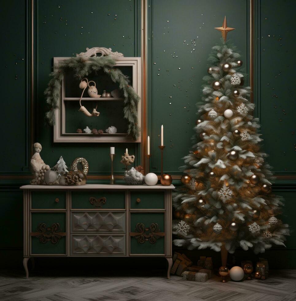 ai gerado branco Natal árvore com pequeno decorações em a chão e televisão conjunto foto