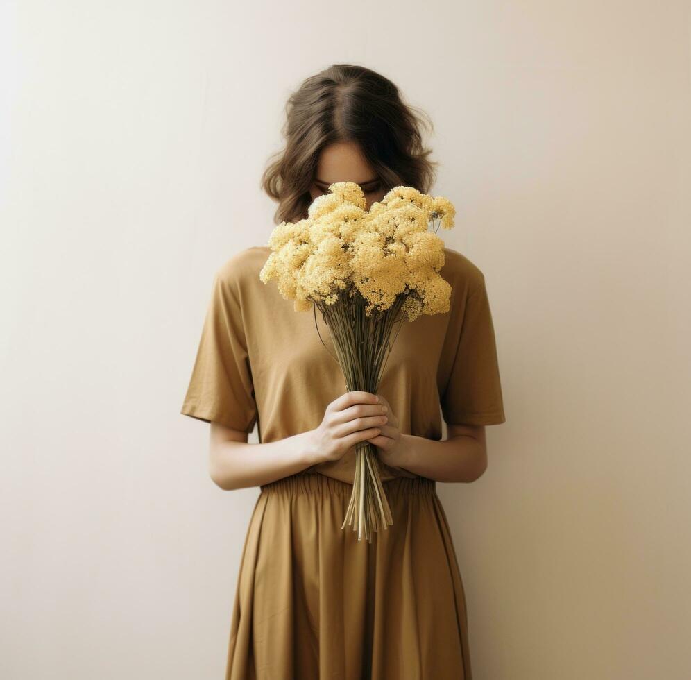 ai gerado mulher segurando ramalhete do flores dentro Castanho vestir foto