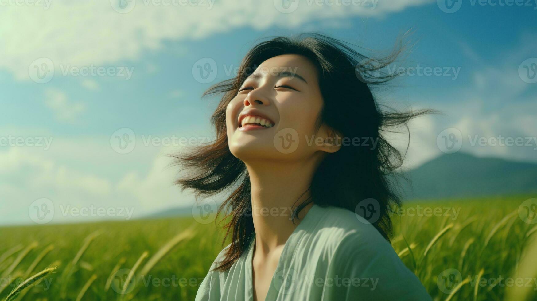 ai gerado calma feliz sorridente ásia mulher com fechadas olhos em a Campos. livre, paz, lindo momento conceito foto