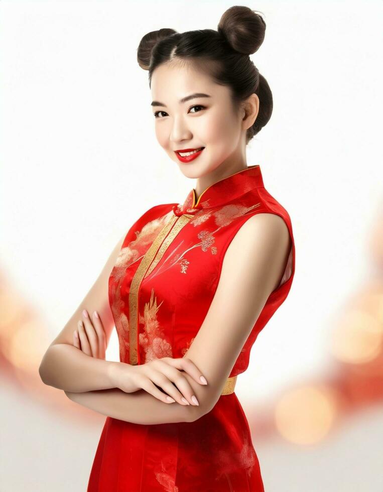 ai gerado lindo chinês mulher dentro tradicional cheongsam vestir foto