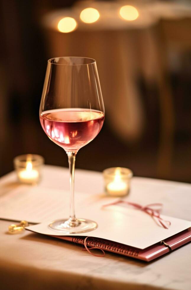 ai gerado uma Rosa vinho vidro senta em papel em a mesa foto