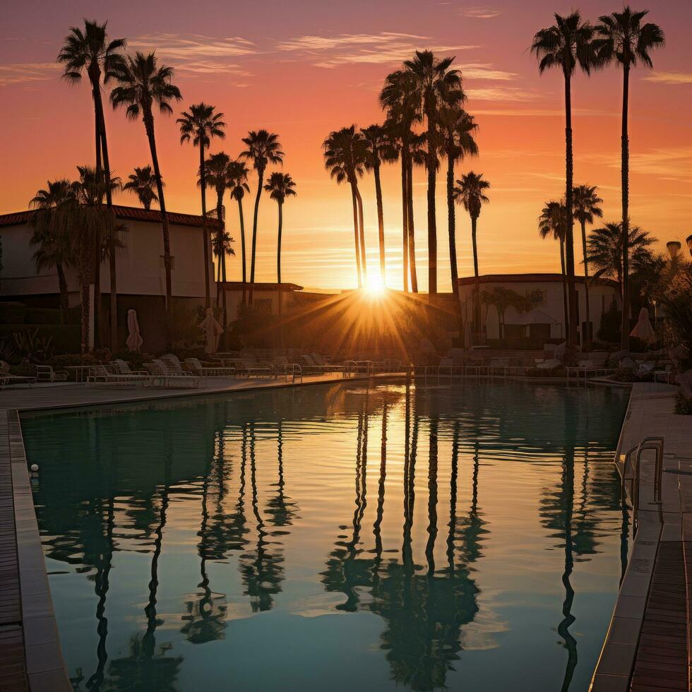 ai gerado uma lindo tiro do uma piscina às pôr do sol, com caloroso laranjas e rosa refletindo fora a água foto