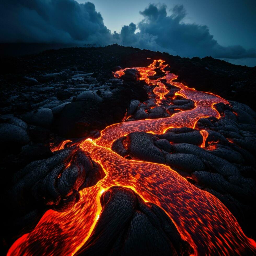 ai gerado calor e energia do uma do vulcão lava captura a fundido Rocha Como isto cascatas baixa a lado da montanha foto