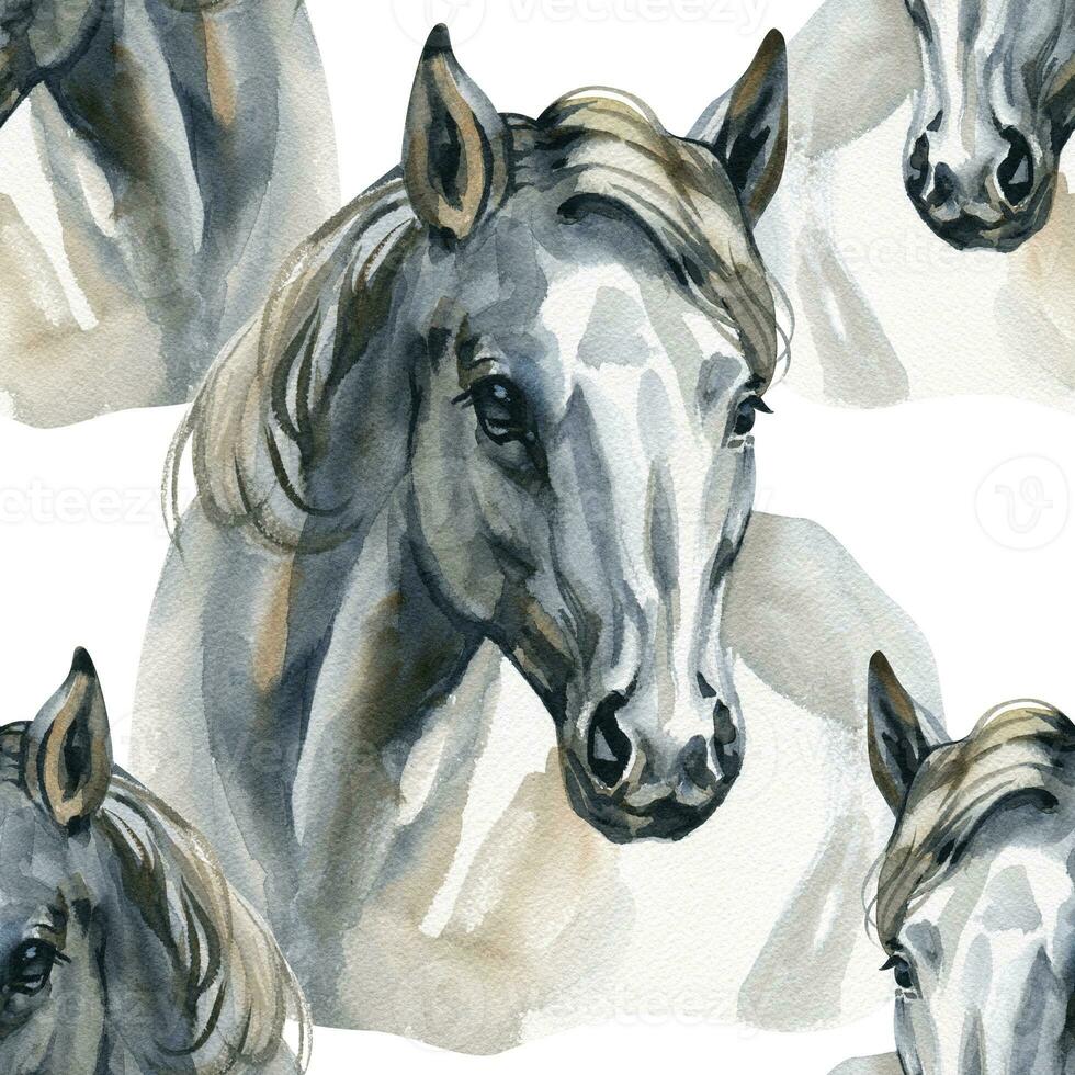desatado padronizar com retratos do branco cavalos. mão desenhado aquarela. foto