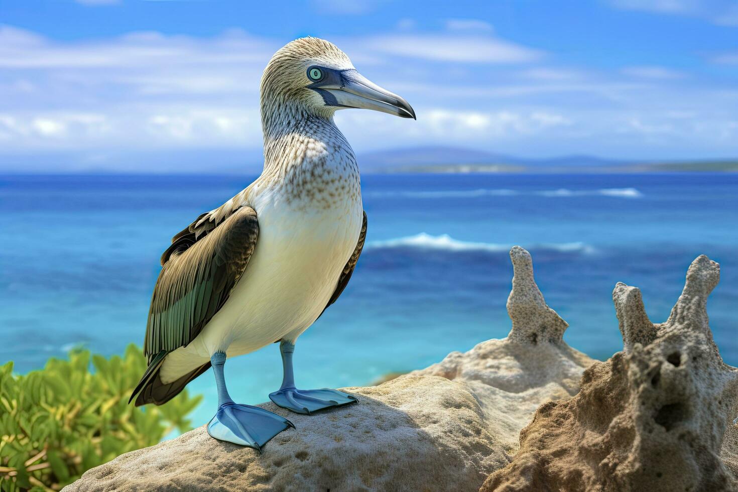 ai gerado a raro de pés azuis booby descansos em a de praia. ai gerado foto