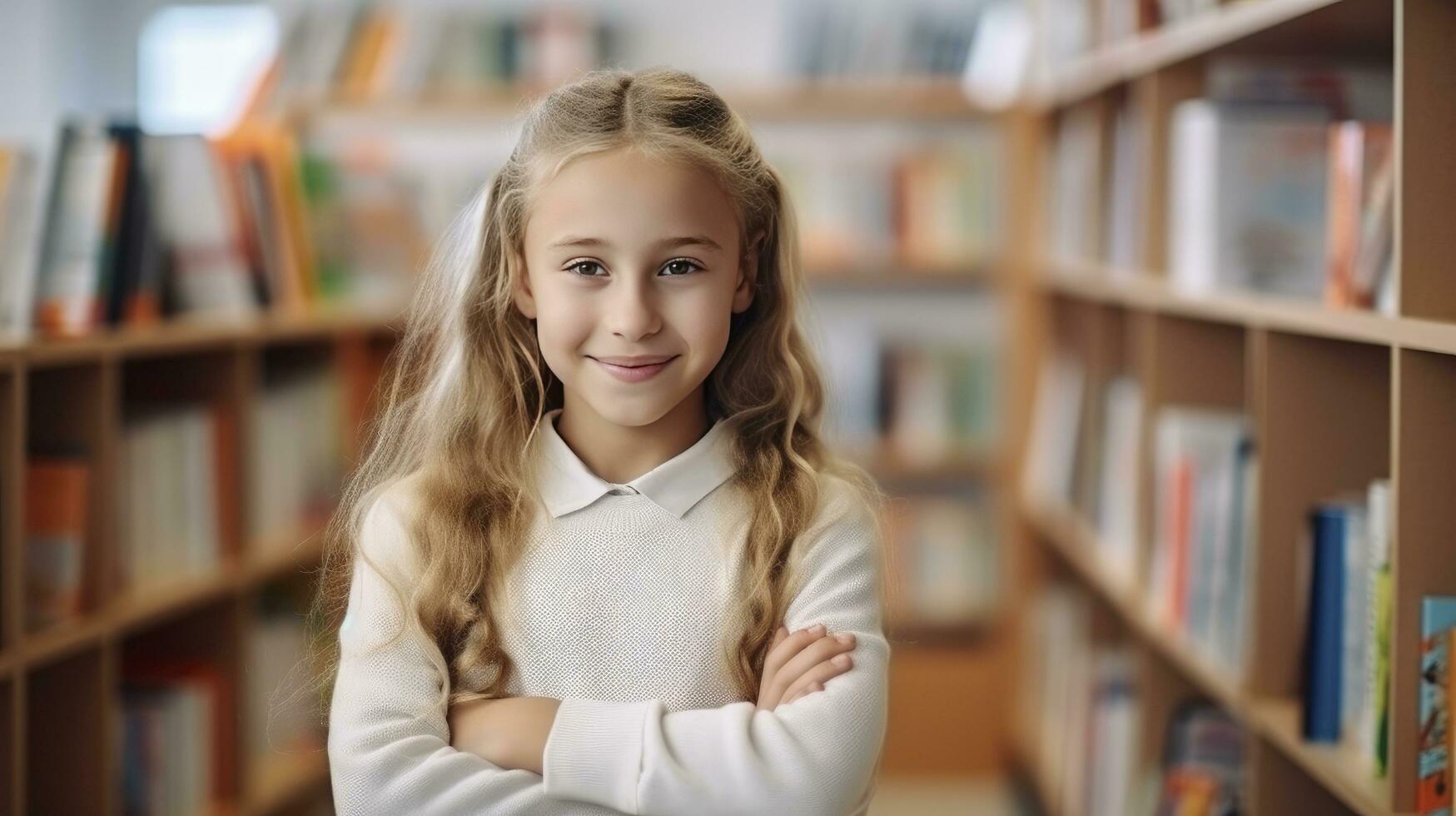 ai gerado 10 ano velho menina aluna dentro uma luz suéter carrinhos dentro uma livraria entre a prateleiras com livros. costas para escola conceito. foto