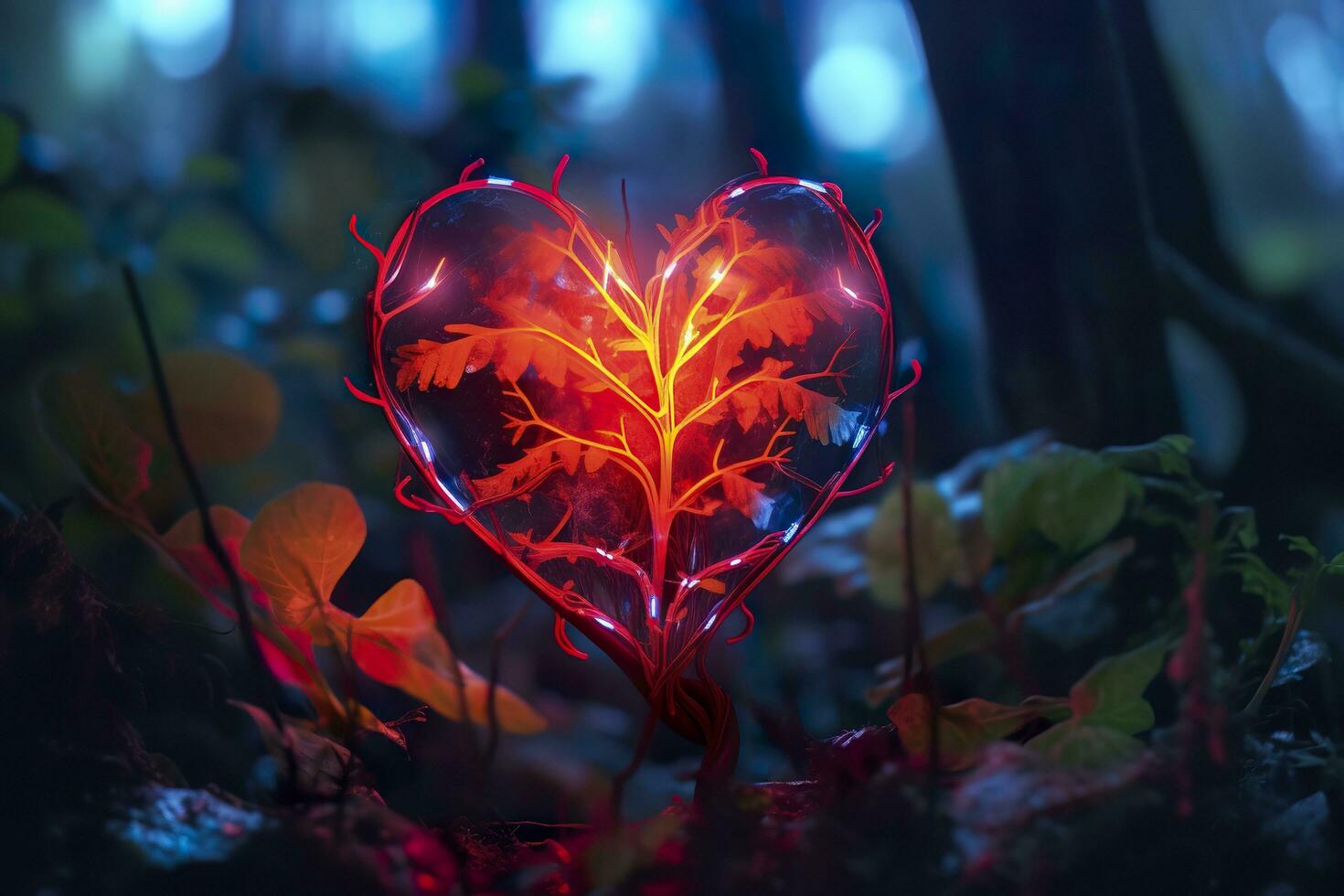 ai gerado brilhando bioluminescente plantar em forma gostar uma humano coração, dentro uma misterioso floresta. generativo ai foto
