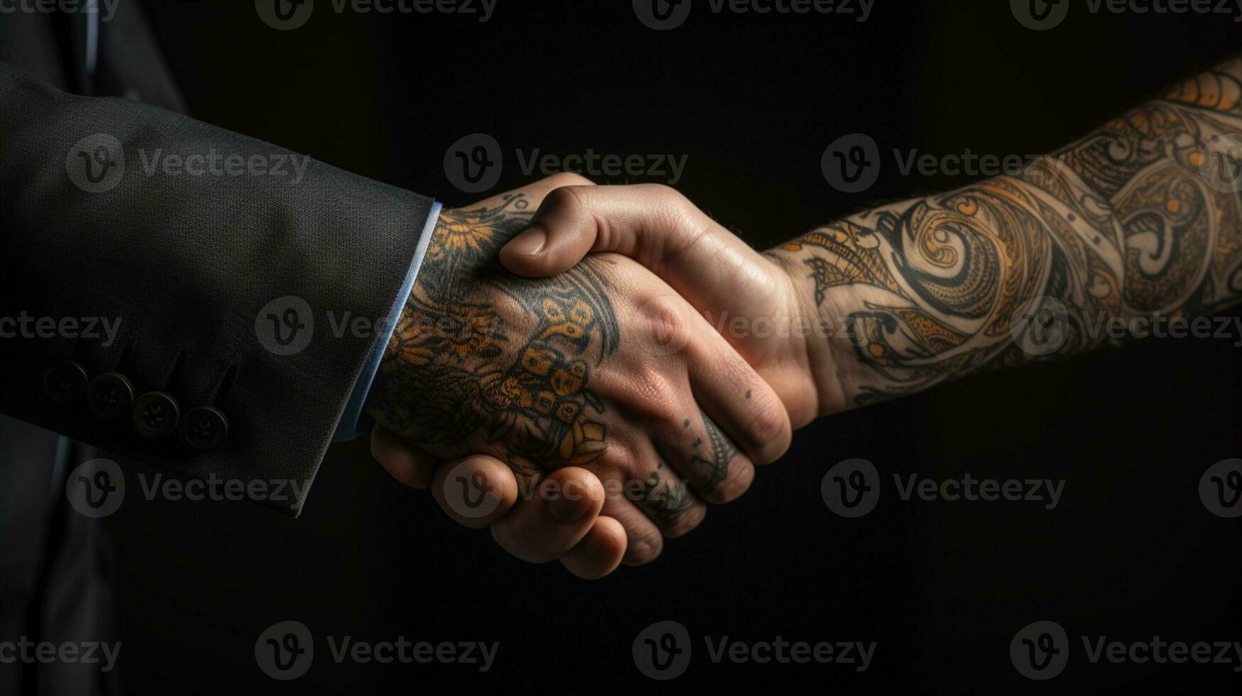 ai gerado tatuagem aperto de mão dois empresários significa bem sucedido acordo Preto fundo. generativo ai foto